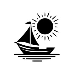 A minimalist black and white nautical illustration depicts a sailboat sailing on water beneath a radiant sun, evoking a sense of serenity.