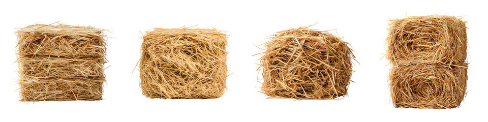 Multiple stacks of compact rectangular hay bales arranged in a rural field or pasture setting