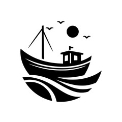 Silhouette of a fishing boat amidst stylized waves, with seagulls and sun, presented in a minimalist graphic style.