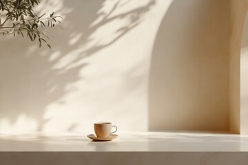 Obraz premium A latte art-topped coffee cup, illuminated by warm sunlight, in a minimalist environment
