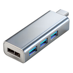 A silver USB hub with multiple ports, compact design
