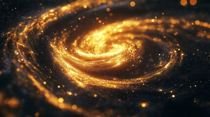A mesmerizing golden particle swirl forming abstract, elegant vortex in dark space for a sense of...