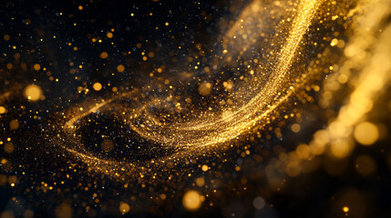 A mesmerizing golden particle swirl forming abstract, elegant vortex in dark space for a sense of...