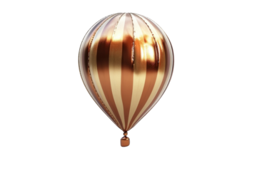 A stunning copper and gold striped hot air balloon floating gently in a clear sky isolated on transparent background