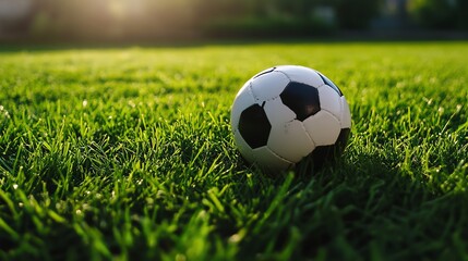 Soccer Ball Resting on Green Grass Field in Summer Sunlight