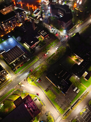 High Angle View of Illuminated Buildings at Central Borehamwood London City of England United Kingdom During Night. April 4th, 2024