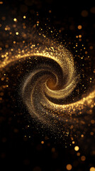 A mesmerizing golden particle swirl forming abstract, elegant vortex in dark space for a sense of...