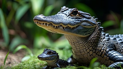 Naklejka premium A mother alligator protects her small baby alligator in a lush green natural habitat.