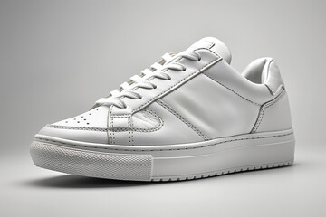 Stylish white sneakers on a grey background, showcasing their sleek design and modern aesthetic.