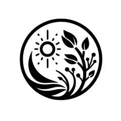 Simplified black and white circular logo depicting a sun, stylized foliage, and curved elements representing nature's balance and growth.