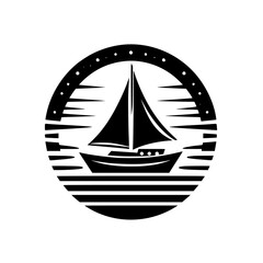 Intricate black and white circular logo featuring a sailboat sailing on stylized waves beneath a dotted arch, evoking a nautical and adventurous feel.