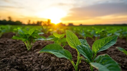 Green seedlings emerging from rich soil with a sunset in the background, creating a serene agricultural landscape. Concept Green Seedlings, Rich Soil, Serene Sunset, Agricultural Landscape