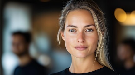 Young woman smiling calmly in casual office setting