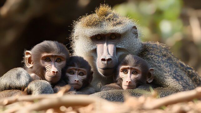 A loving baboon mother tenderly cradles her three adorable baby baboons in a sun-drenched African savanna habitat.