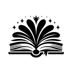 A stylized black and white logo featuring an open book with flowing, floral-like elements and sparkling stars, symbolizing knowledge and imagination.