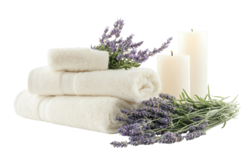 A serene spa arrangement with lavender, towels, and candles for relaxation in a calming setting isolated on transparent background