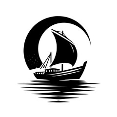 A stylized black and white illustration of a sailboat silhouetted against a crescent moon, reflected in calm waters.