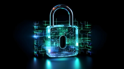 A shimmering cyber-lock, a digital guardian protecting data in the dark, glowing with vibrant teal energy.