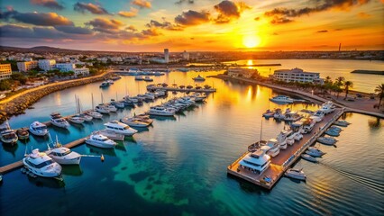 Fototapeta premium Ayia Napa Harbor Sunset Drone Photography: Golden Hour Boats & Sea