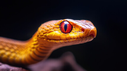 close up of snake with striking red pupils and vibrant orange scales, showcasing intricate textures and details. image captures snake intense gaze, evoking sense of fascination and intrigue