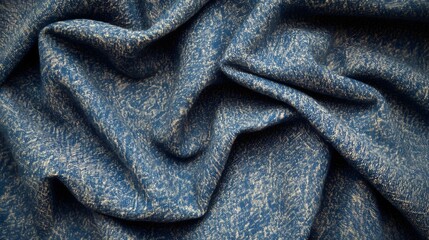 An abstract close up image of a deep indigo colored fabric with a crumpled wrinkled and folded texture creating a moody and gritty visual effect