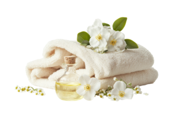 Relaxing spa arrangement featuring elegant towels and soothing essential oil with blossoms isolated on transparent background