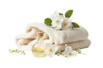 Zelfklevend Fotobehang Relaxing spa arrangement featuring elegant towels and soothing essential oil with blossoms isolated on transparent background © Sabad