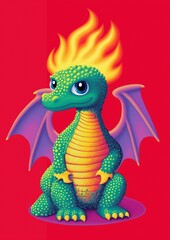 Obraz premium Cartoon dragon with flaming head on red background