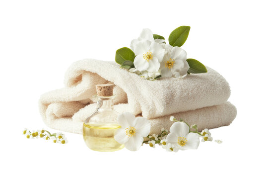 Relaxing spa arrangement featuring elegant towels and soothing essential oil with blossoms isolated on transparent background