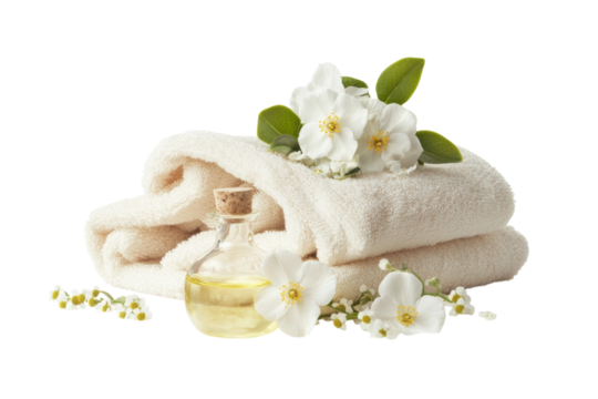Relaxing spa arrangement featuring elegant towels and soothing essential oil with blossoms isolated on transparent background