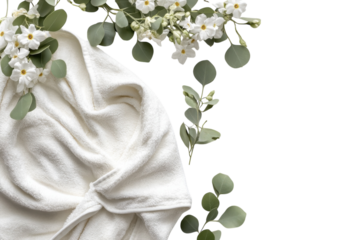 Soft white towel surrounded by greenery and delicate flowers on a light background isolated on transparent background