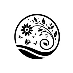 Obraz premium Elegant monochromatic floral and butterfly emblem within a circular frame, exuding serenity and natural beauty against a pristine white backdrop.