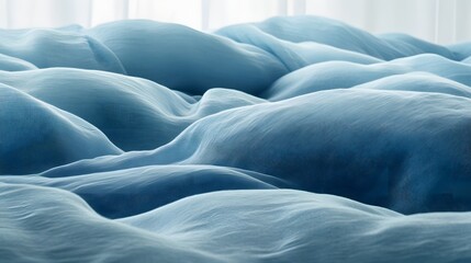 Mesmerizing layers of crinkled azure hued fabric create a serene sculptural landscape of gentle waves and folds