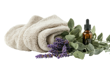 Soft towels and calming lavender essential oil arranged for relaxation and spa treatment at home isolated on transparent background