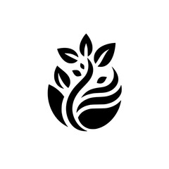 Minimalist, black and white logo depicting a stylized tree with leaves and swirling water-like elements within an oval, evoking growth and nature.
