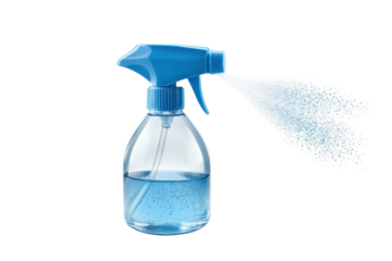 Efficient blue spray bottle delivering fine mist for cleaning tasks in bright, minimalist setting isolated on transparent background