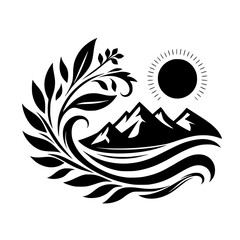 A minimalist black and white nature-inspired logo design featuring stylized mountains, sun, water, and a decorative leafy flourish on a white background.