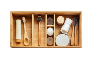 Natural wooden bathroom essentials arranged neatly in a bamboo tray for a minimalist lifestyle isolated on transparent background
