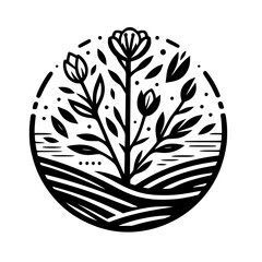 A minimalist black and white botanical emblem depicts a flowering plant within a circular frame, evoking nature and simplicity.