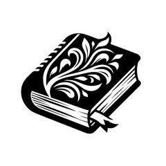 Intricately Detailed Black and White Illustration of a Closed Book with Floral Embellishments and Ribbon Bookmark on a Light Background.