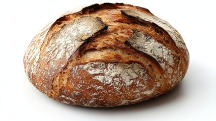 loaf of bread isolated on whitea round crusty loaf of freshly baked rustic bread with a cracked flour dusted top perfect for artisanal bakery promotions food photography or culinary blogs