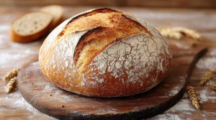 loaf of bread isolated on whitea round crusty loaf of freshly baked rustic bread with a cracked flour dusted top perfect for artisanal bakery promotions food photography or culinary blogs
