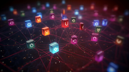 A vibrant network of interconnected glowing cubes pulsating with energy, symbolizing global connection and digital innovation in a dark, mysterious background.