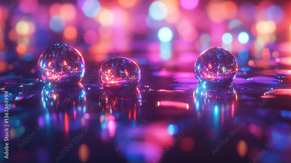 Poster three shiny holographic spheres placed on a modern table creating an eye-catching display of light a