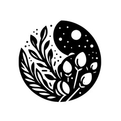 Yin-Yang-Inspired Botanical Illustration Featuring Floral and Foliage Elements, Representing Day and Night in Black and White, in a Circular Composition.