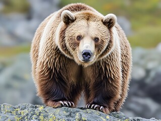 Obraz premium A large brown bear stands majestically on a rocky outcrop in its natural habitat, gazing directly at the camera with intense eyes.