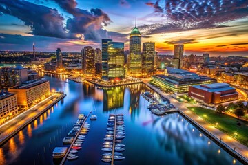 Obraz premium Baltimore Harbor Night Drone Photography: Cityscape Lights Reflecting on Water