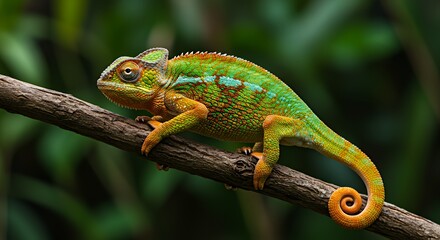 Fototapeta premium Vibrant Chameleon on Branch in Lush Forest
