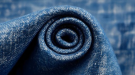 Close up of a beautifully crafted indigo dyed textile with a simple yet eye catching spiral design showcasing the natural texture and artisanal of the material
