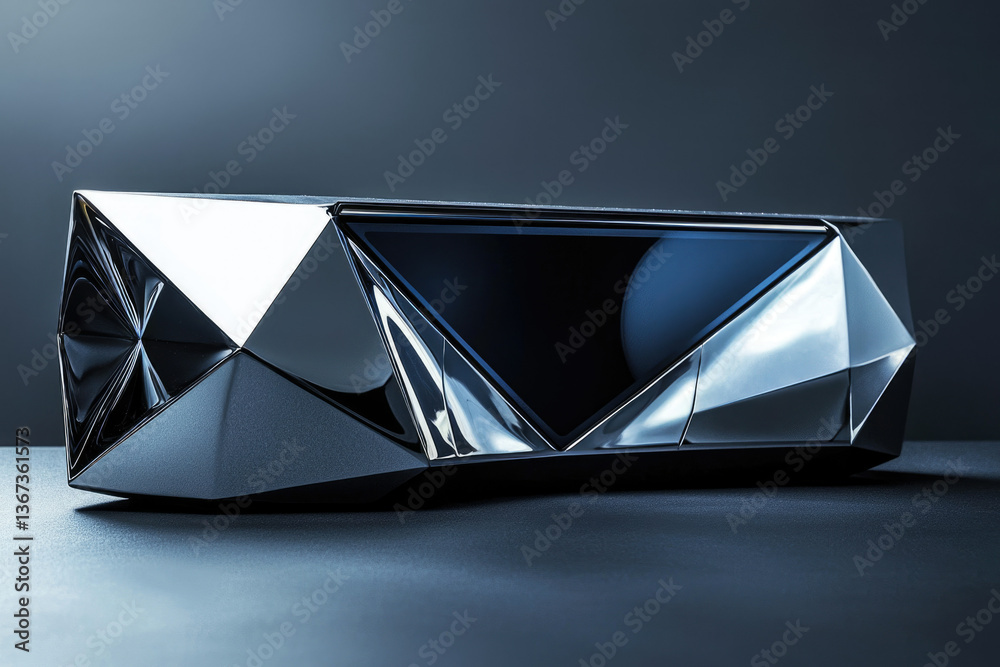 Poster a sleek, dark metallic device with geometric facets and a small display.